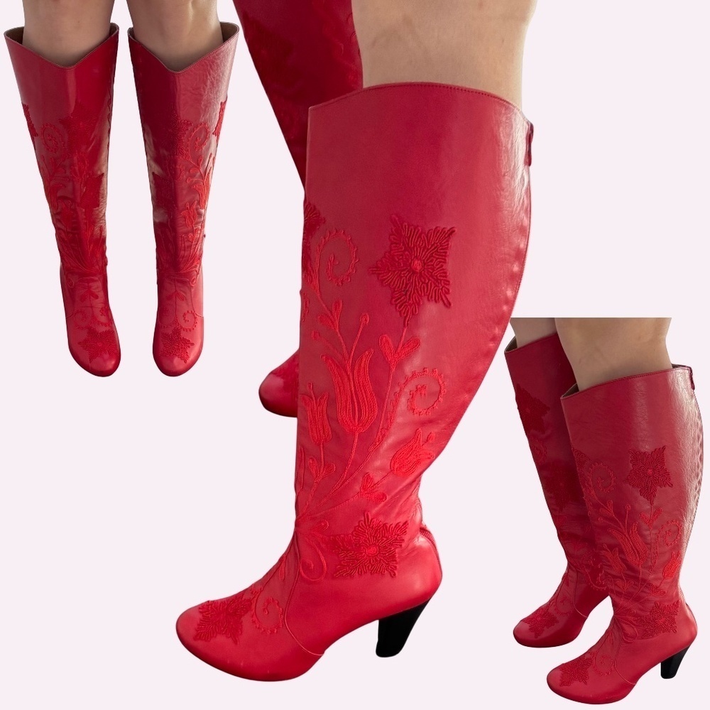 Vtg Red Artemis Leather Fully Embroidered Western Line Dancing Rodeo Heeled Boot